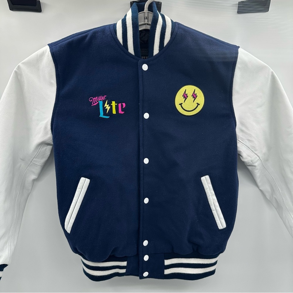 Stewart Strauss Bomber Varsity‎ Jacket Mens Medium Miller Lite Es Jose Time Blue